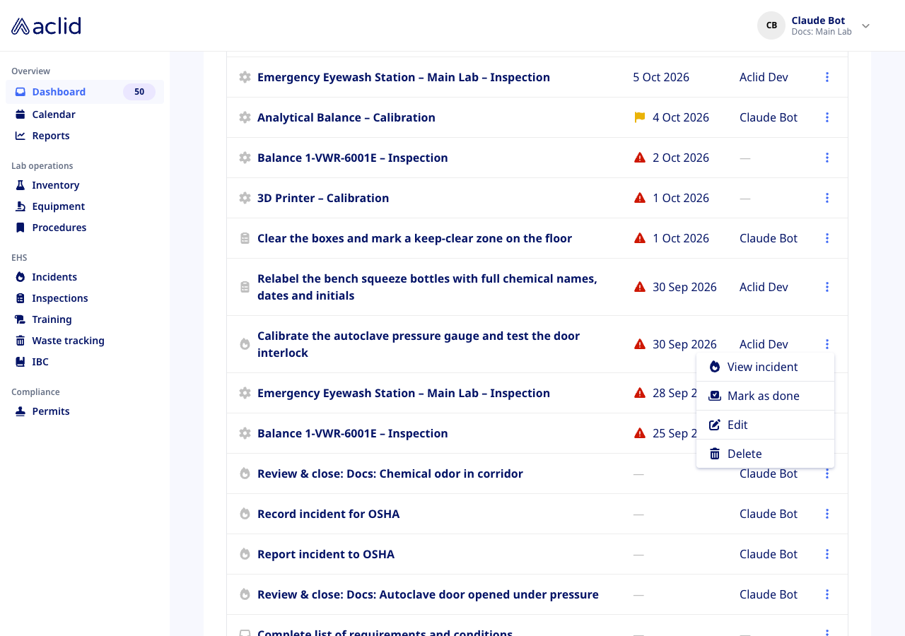 Context menu with View incident, Mark as done, Edit and Delete