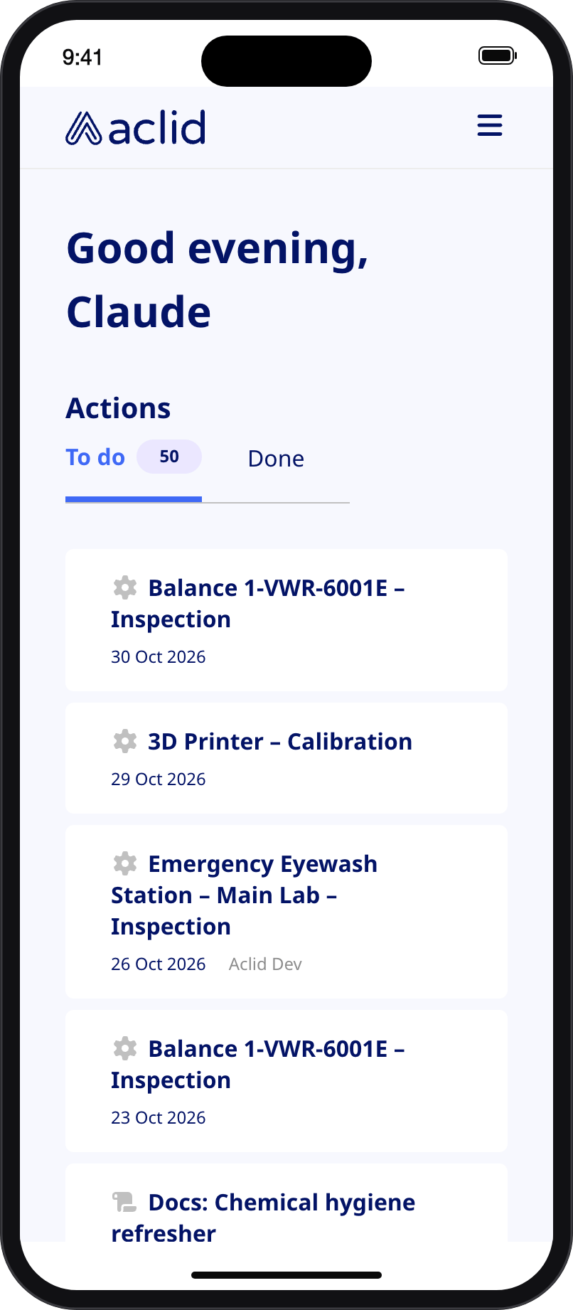Dashboard action cards on a narrow screen