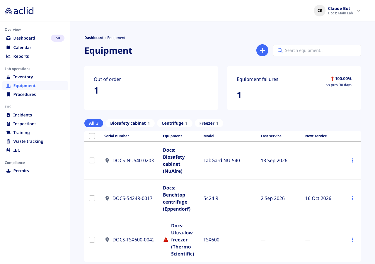 Equipment list showing the Out of order and Equipment failures tiles, type filter chips and the equipment table