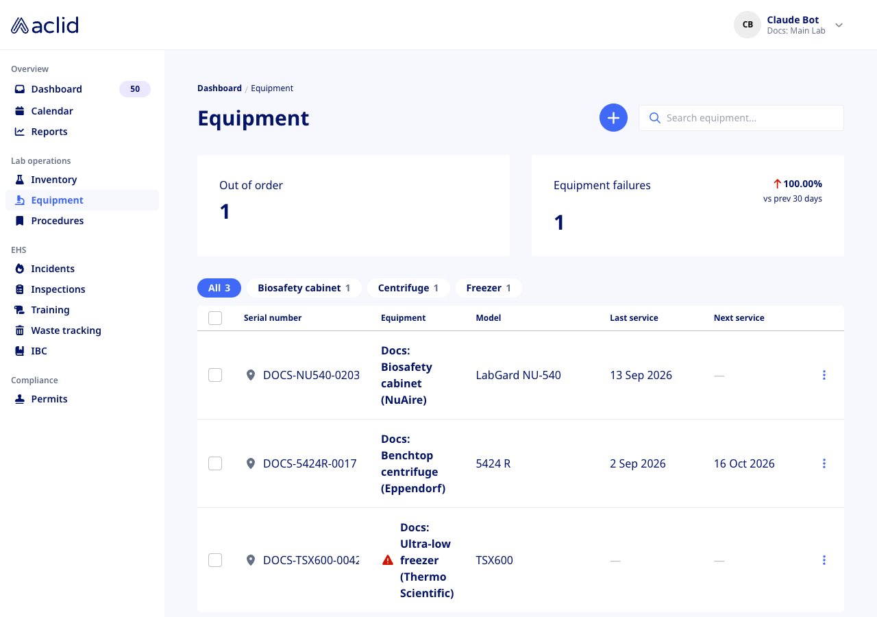 Equipment list showing the Out of order and Equipment failures tiles, type filter chips and the equipment table