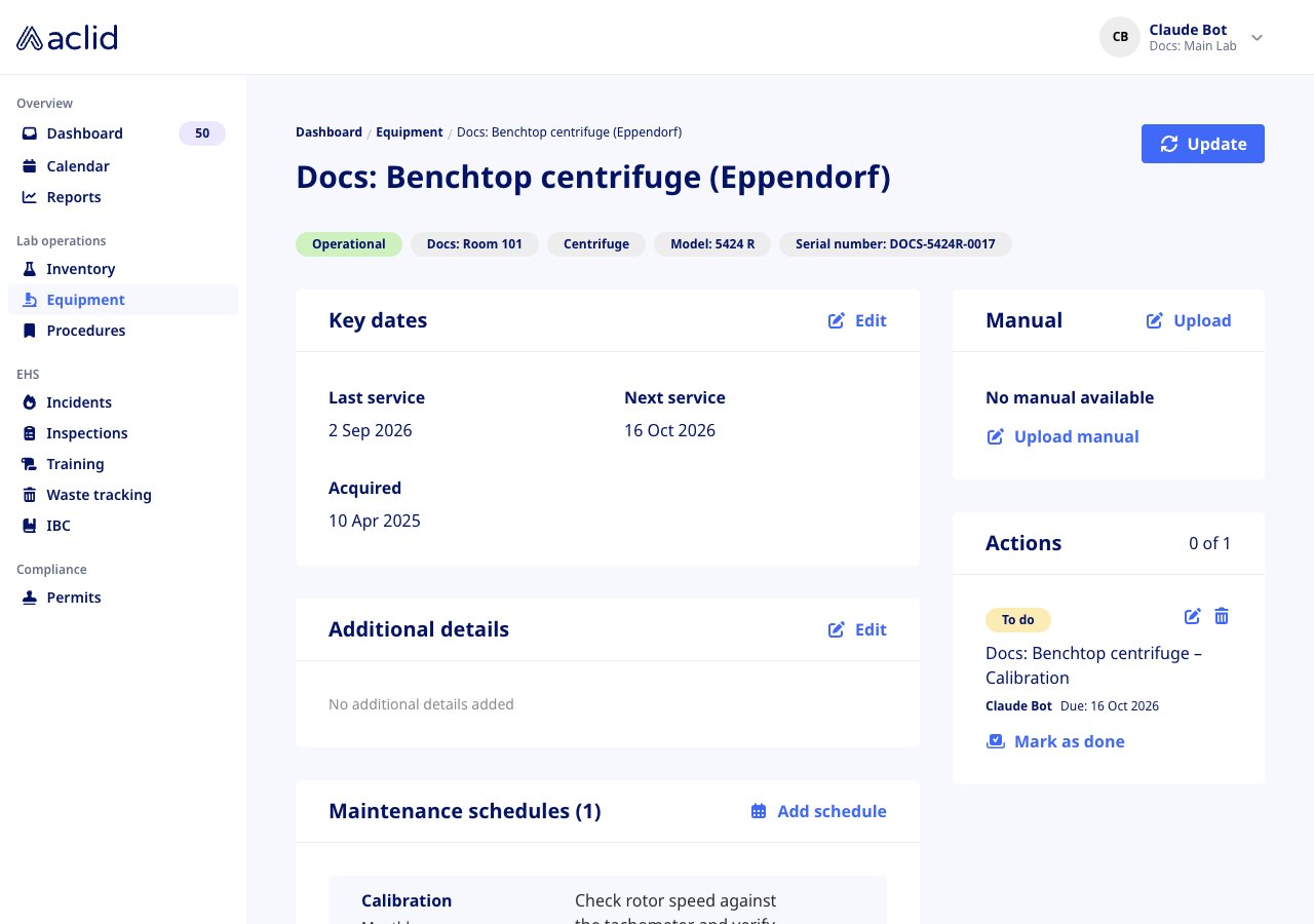 Equipment detail page with Operational badge, Key dates card, Manual card and Actions card