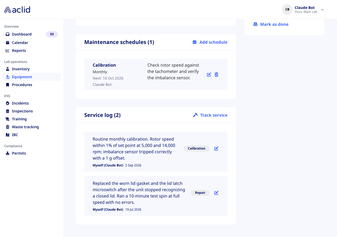 Maintenance schedules card with a monthly Calibration schedule and the Service log with Calibration and Repair entries