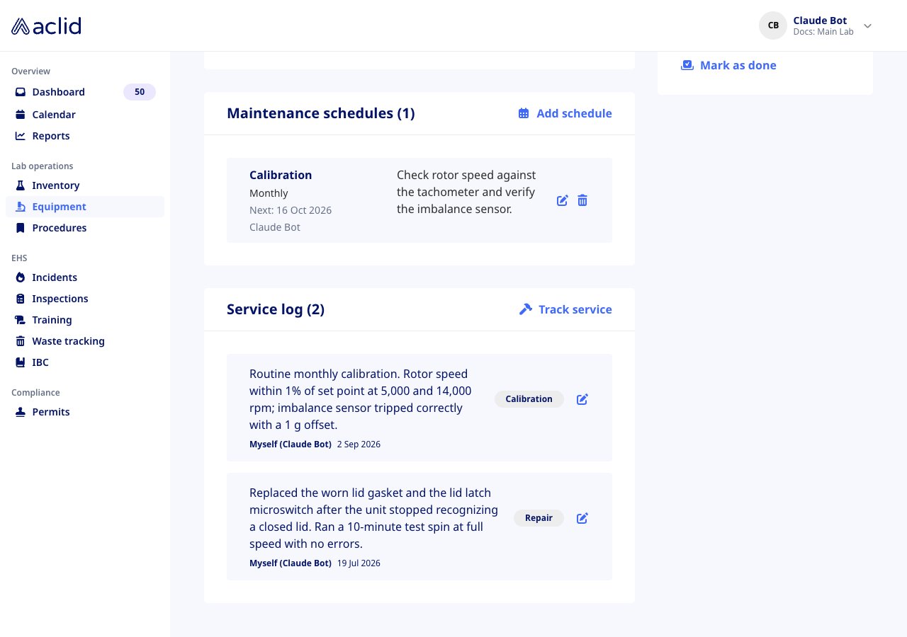 Maintenance schedules card with a monthly Calibration schedule and the Service log with Calibration and Repair entries