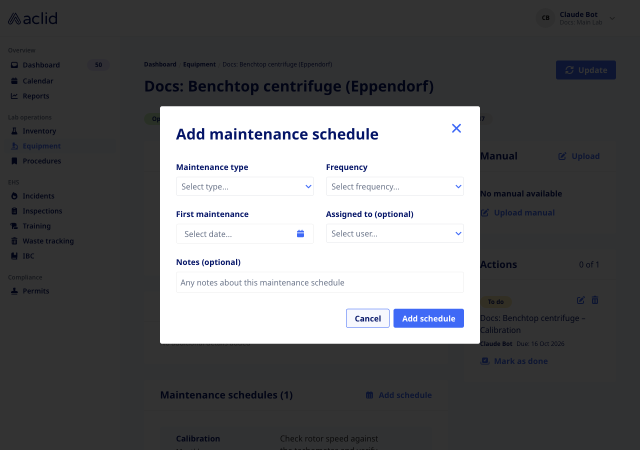 Add maintenance schedule dialog with Maintenance type, Frequency, First maintenance, Assigned to and Notes