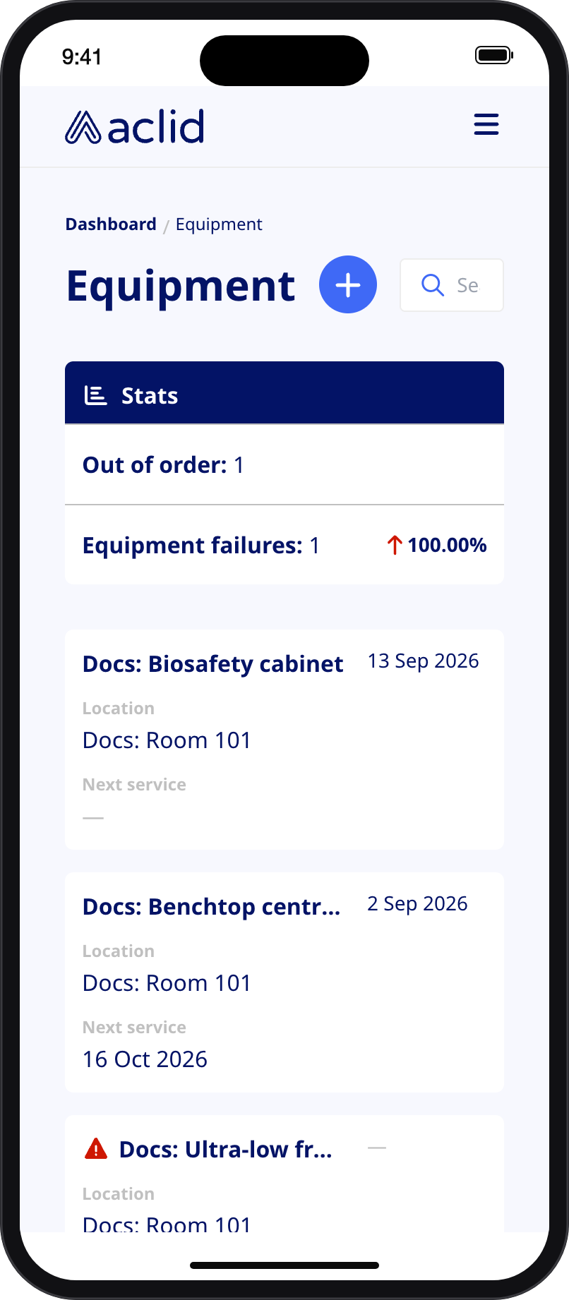 Equipment list on a narrow screen