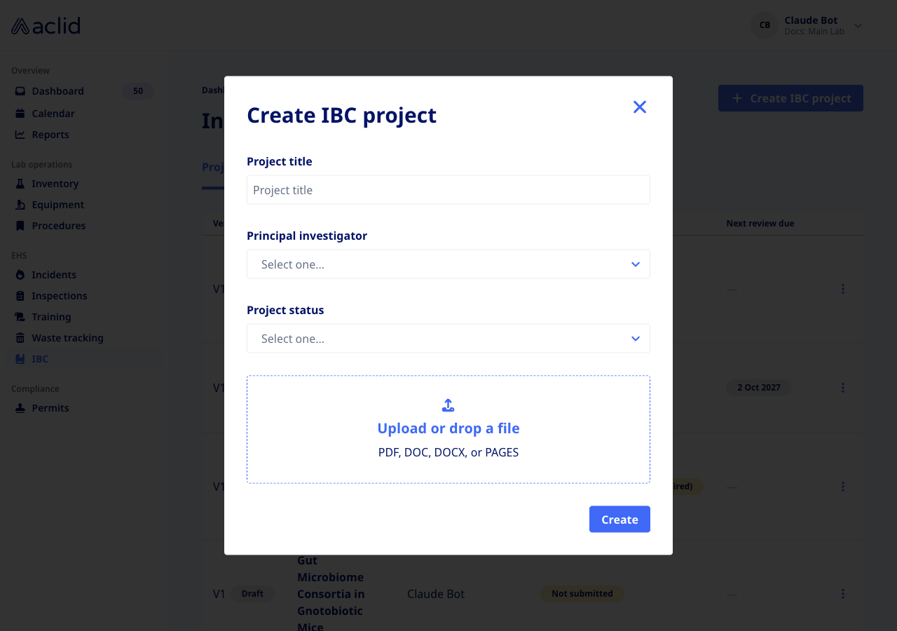 Create IBC project dialog with Project title, Principal investigator, Project status and a file drop area