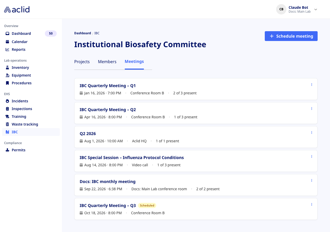 IBC meetings list with dates, locations, attendance counts and a Scheduled tag on the next meeting