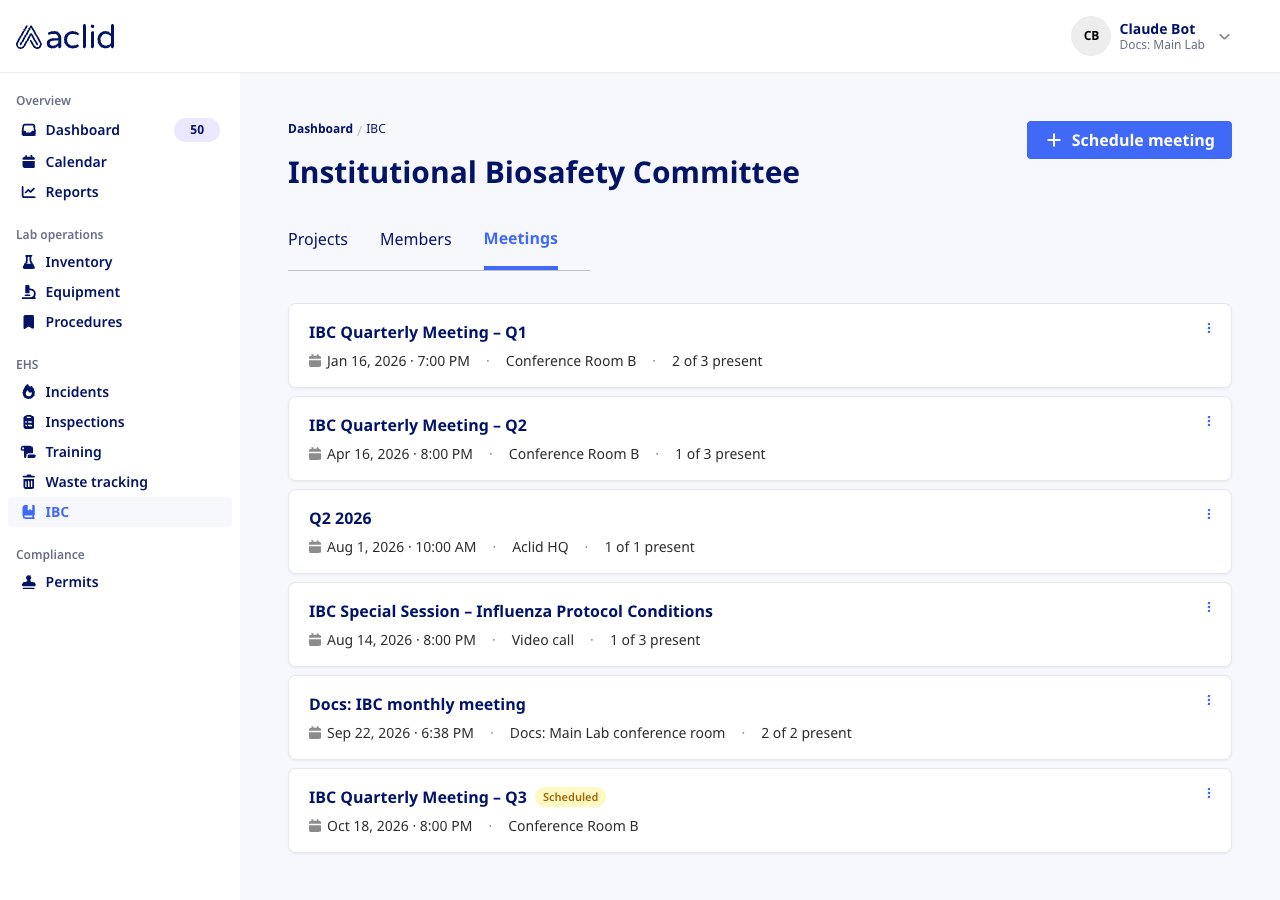 IBC meetings list with dates, locations, attendance counts and a Scheduled tag on the next meeting