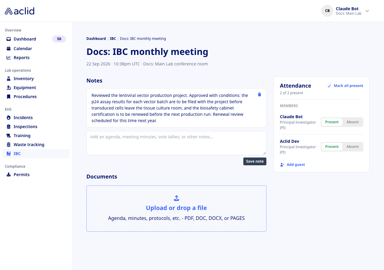 IBC meeting page with Notes, Documents and an Attendance card showing two members present