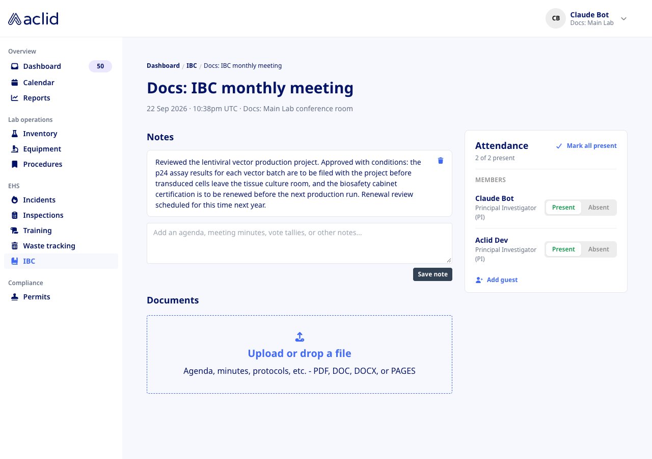 IBC meeting page with Notes, Documents and an Attendance card showing two members present
