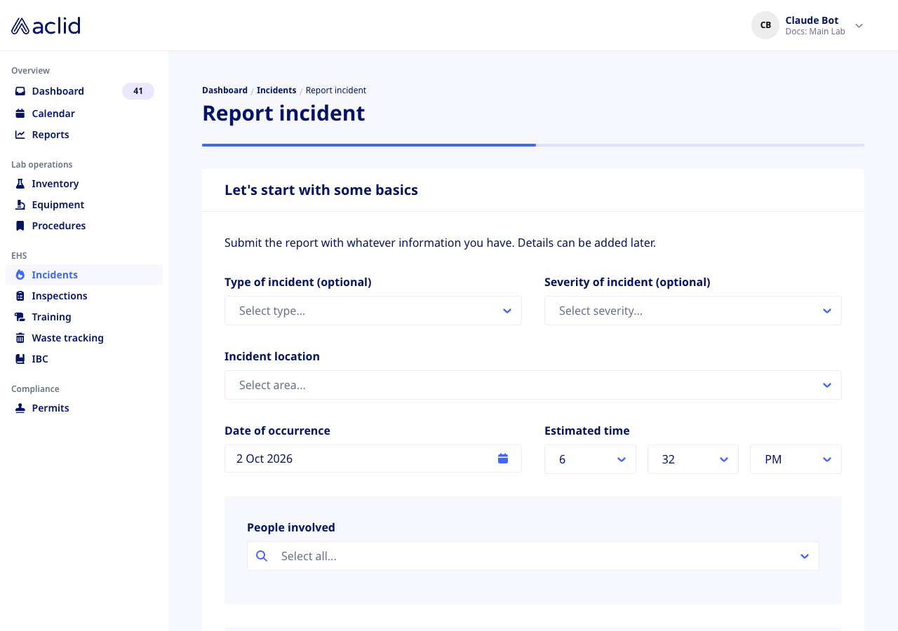 Report incident form, step 1