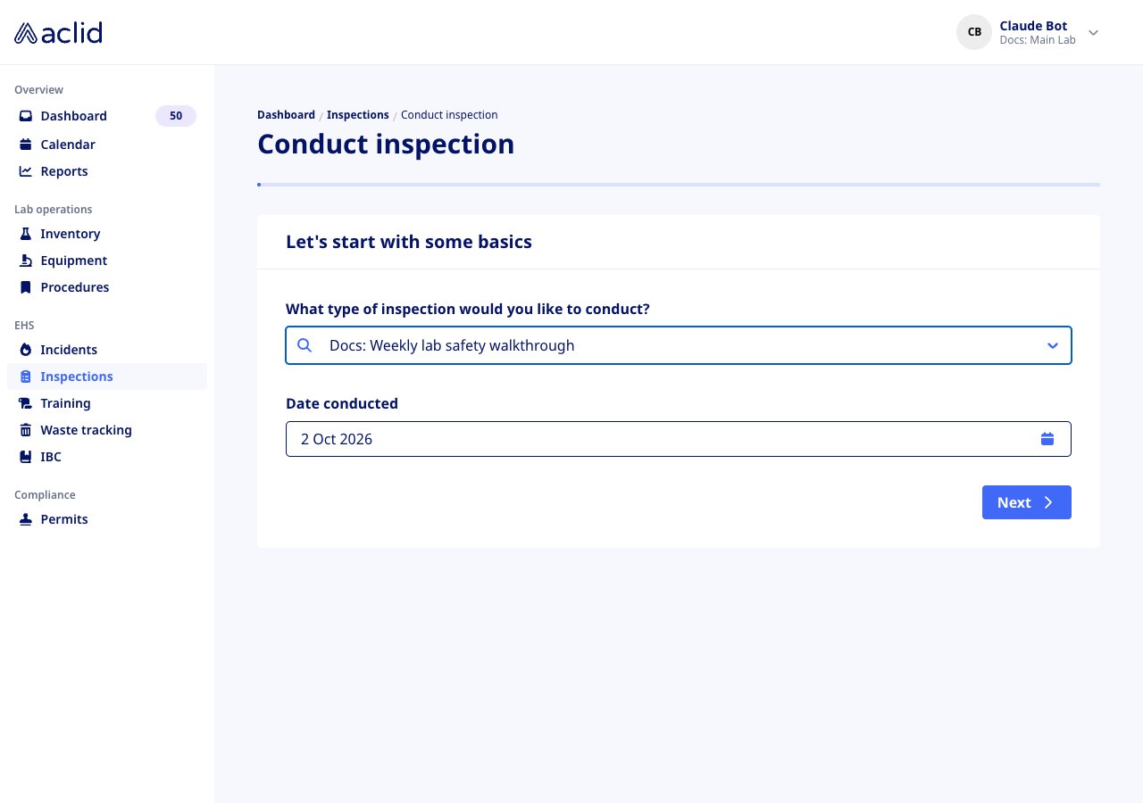 Conduct inspection form with a template selected and the date conducted