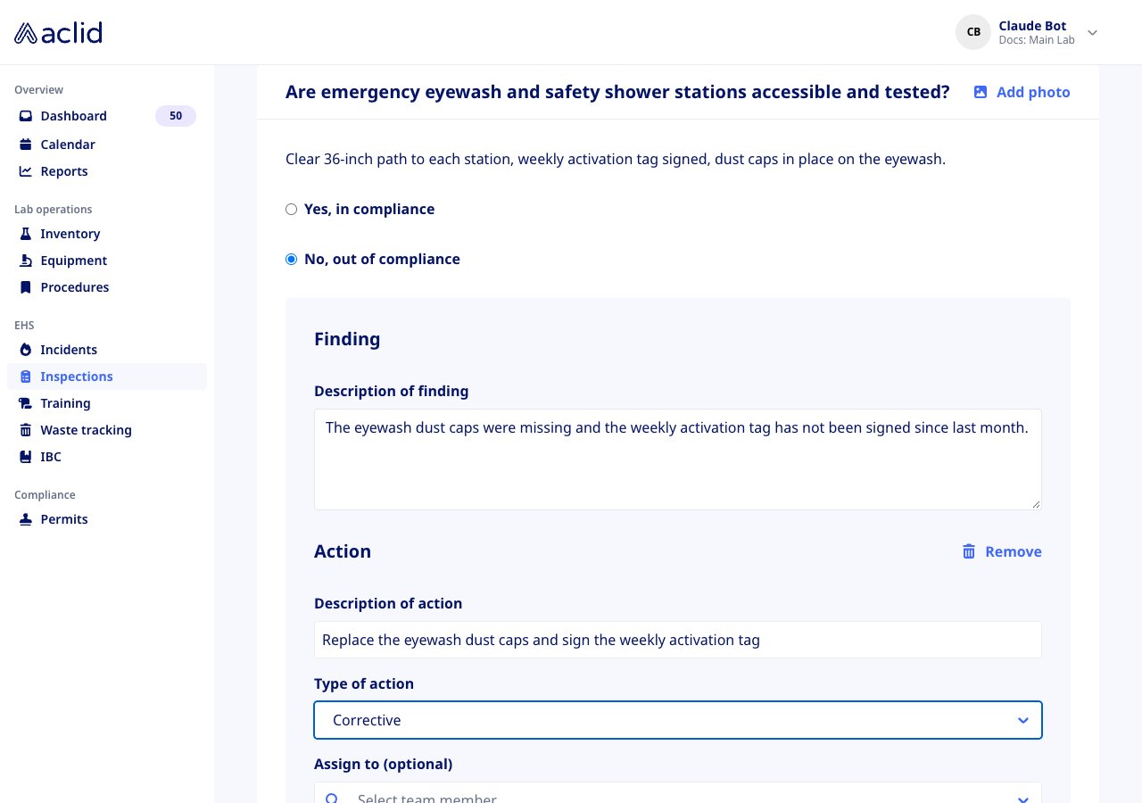 One prompt of a sequential inspection with a finding and a corrective action