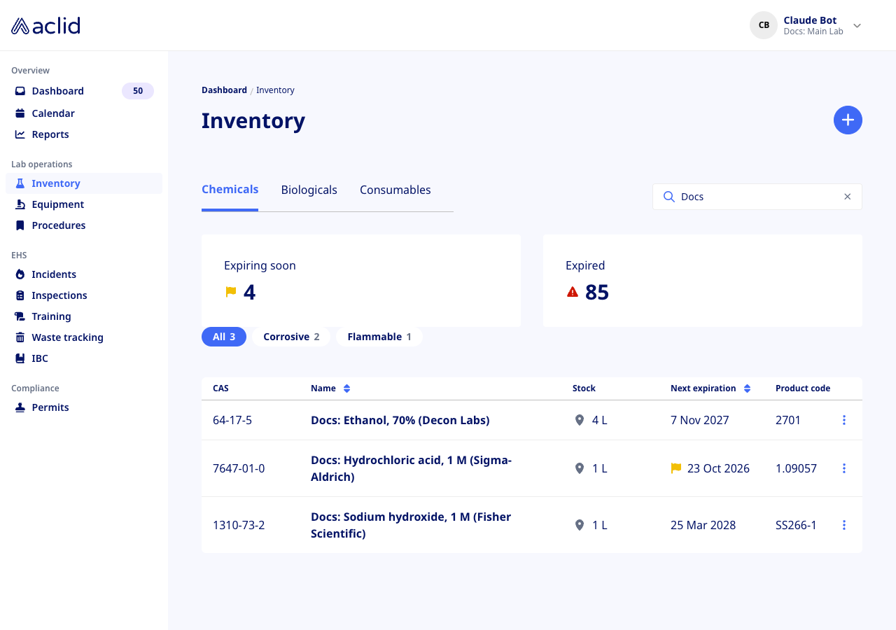 Inventory list on the Chemicals tab