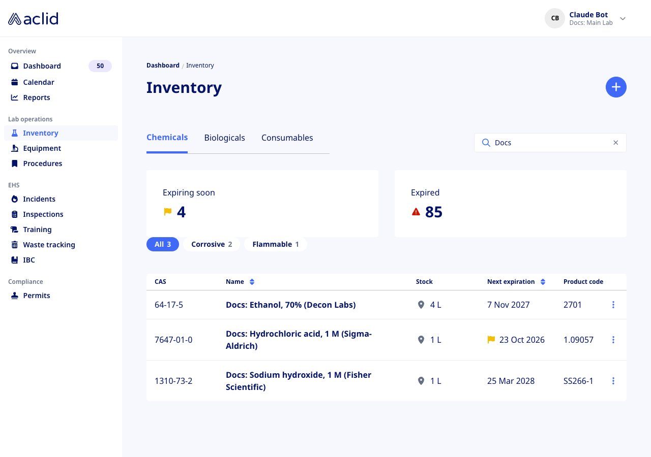 Inventory list on the Chemicals tab