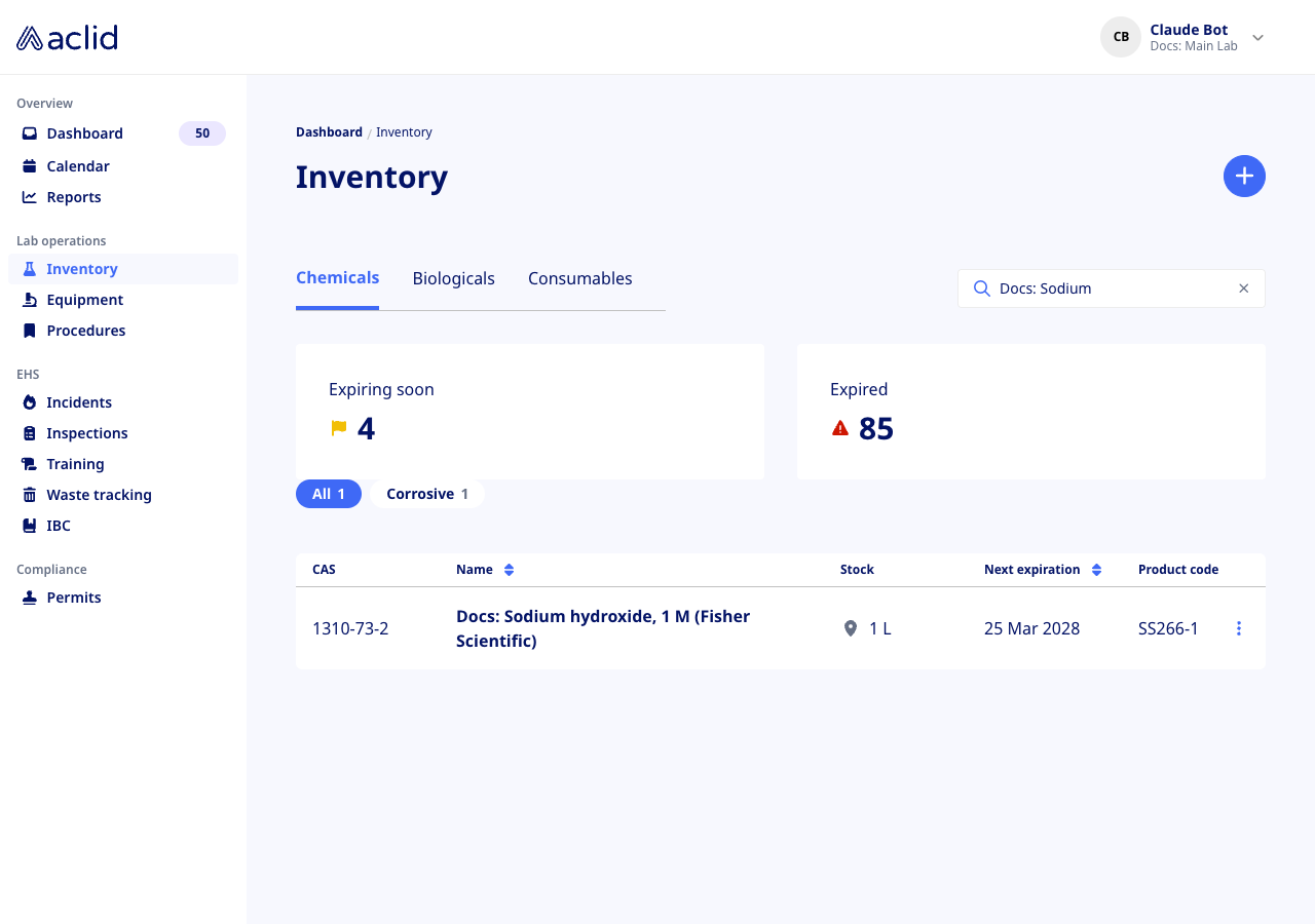 Chemicals tab filtered by a search term