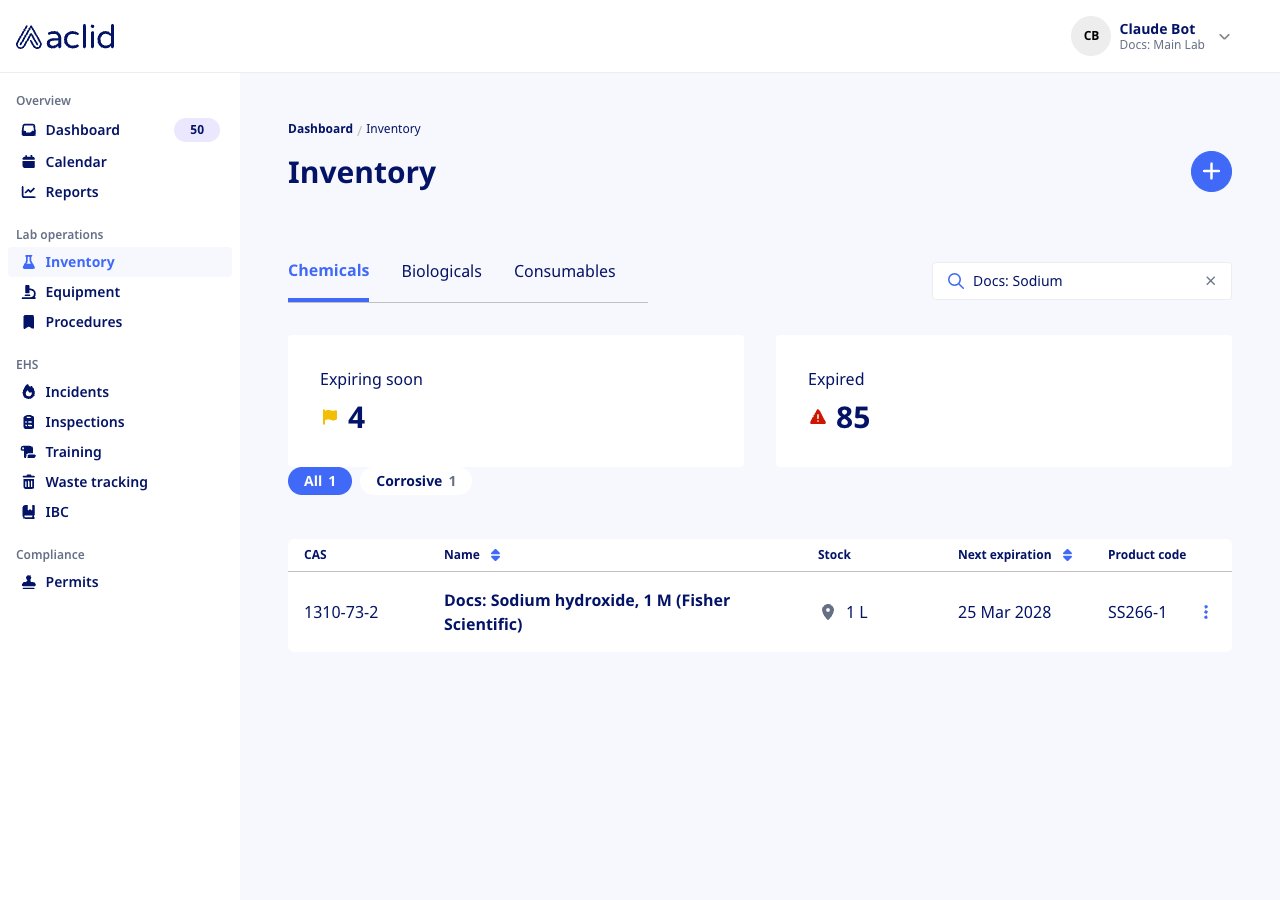 Chemicals tab filtered by a search term