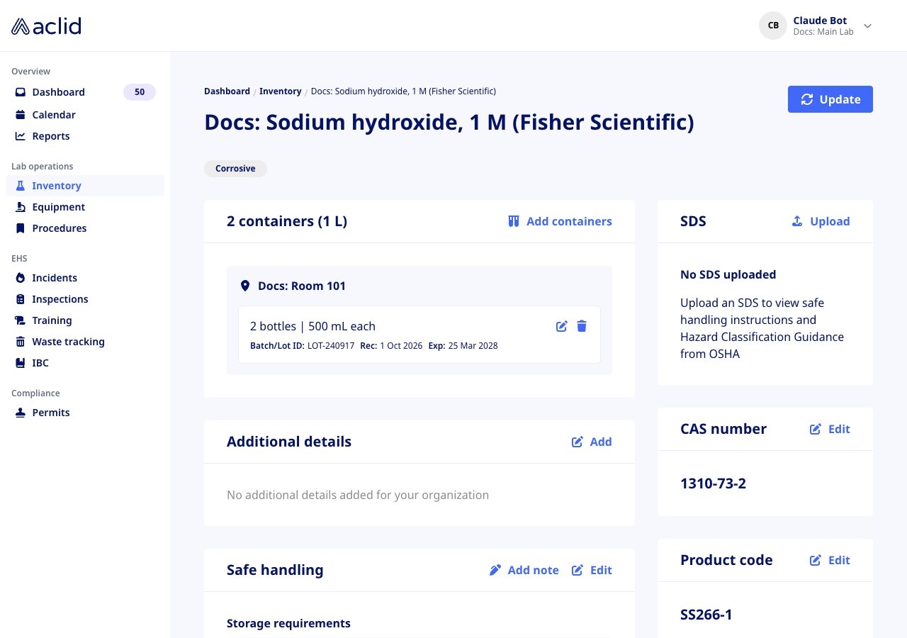 Chemical detail page with containers, SDS and CAS number cards