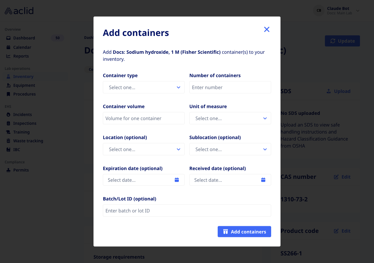 Add containers dialog for a chemical