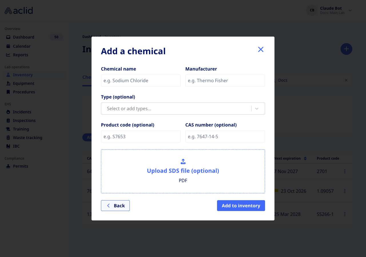 Add a chemical dialog with the manual entry form