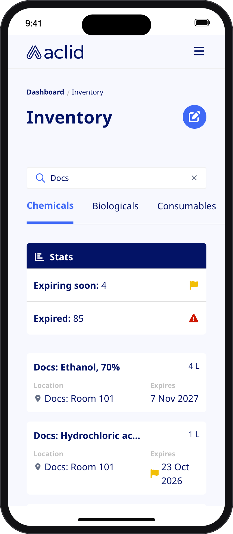 Inventory list on a narrow screen