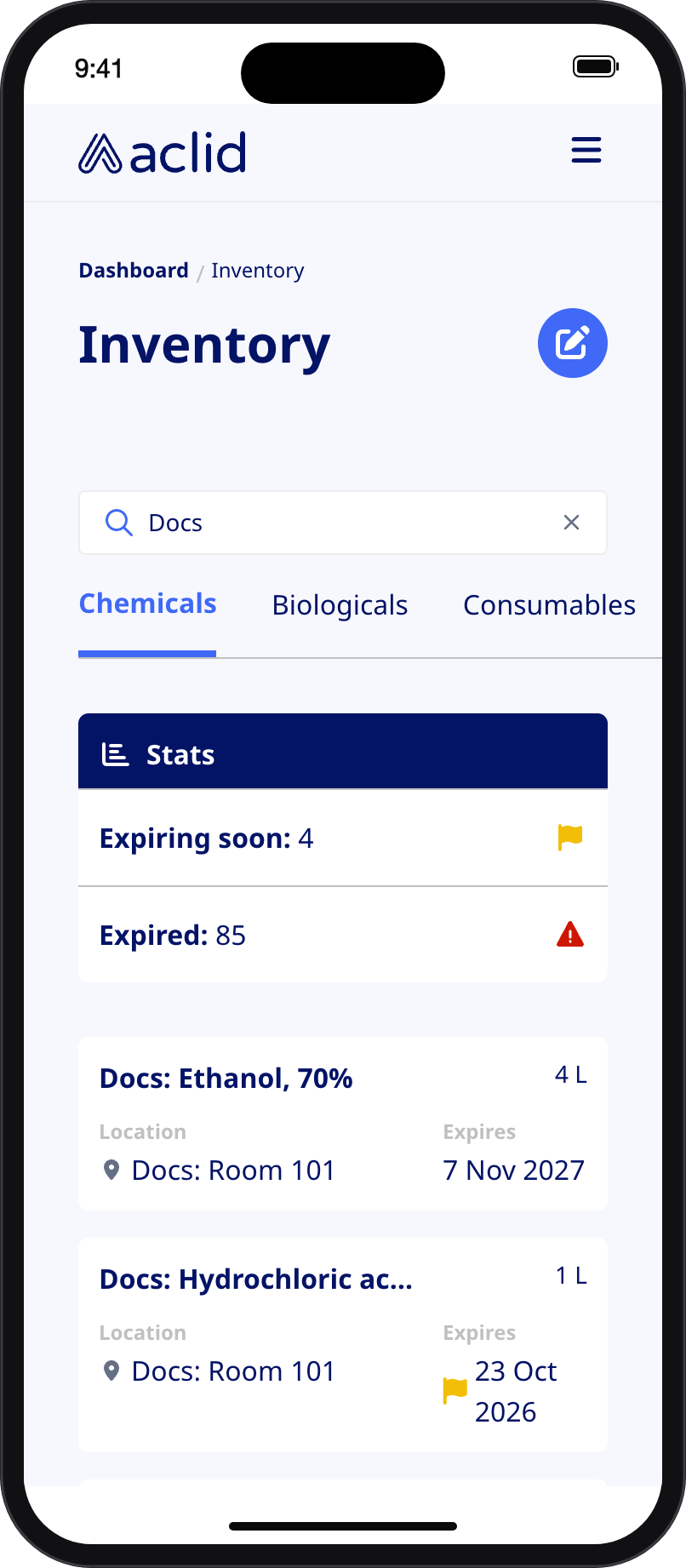 Inventory list on a narrow screen