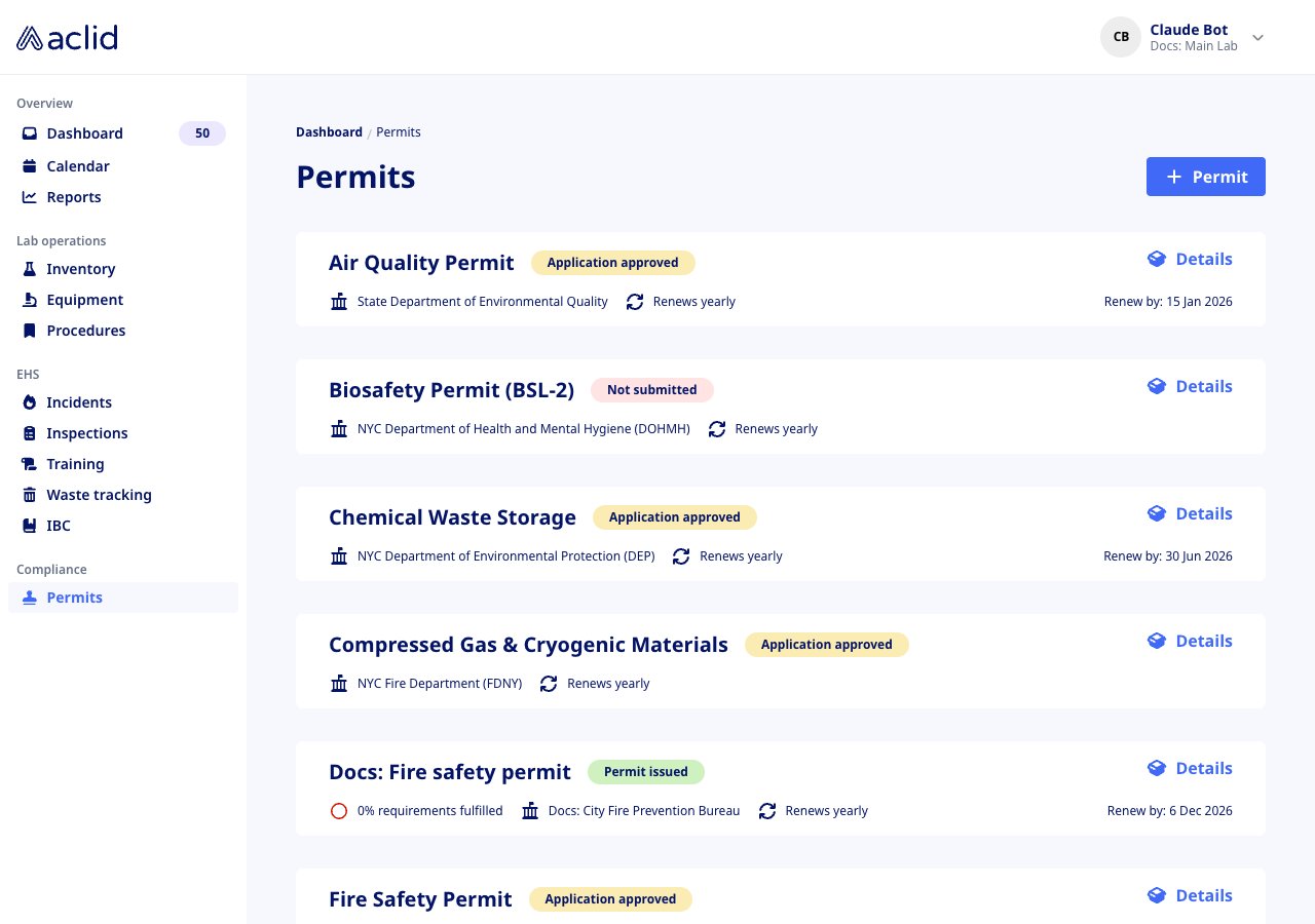 Permits list showing one card per permit cycle with status badges