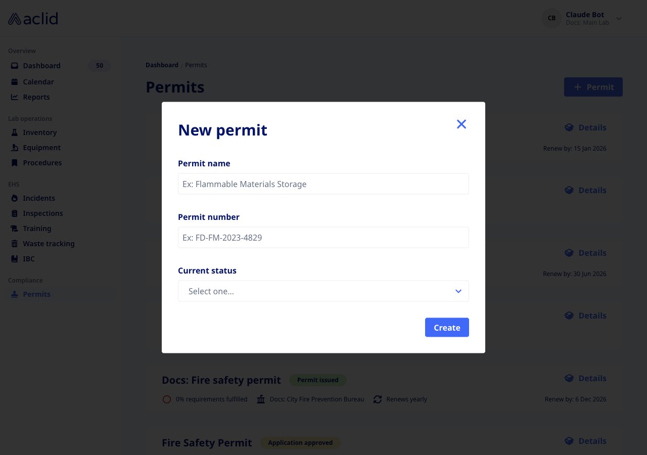 New permit dialog with Permit name, Permit number and Current status fields