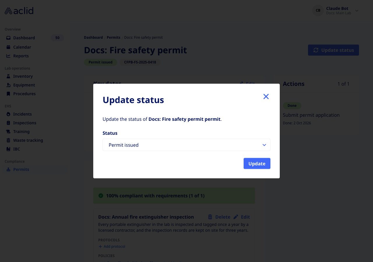 Update status dialog with the Status dropdown