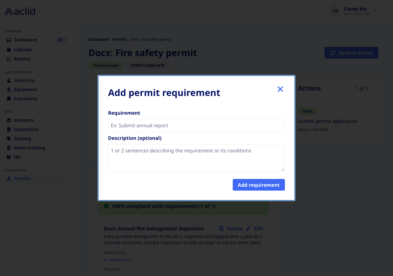 Add permit requirement dialog with Requirement and Description fields