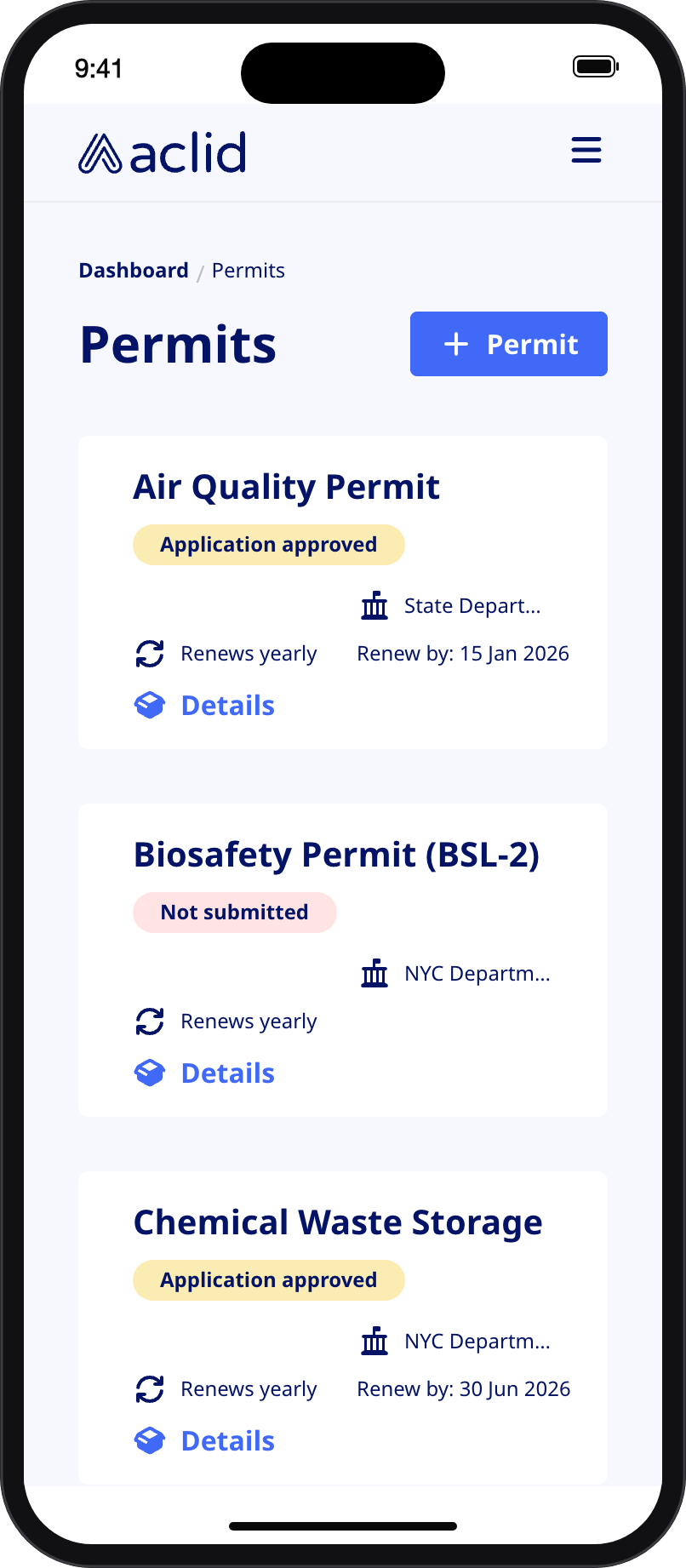 Permits list on a narrow screen