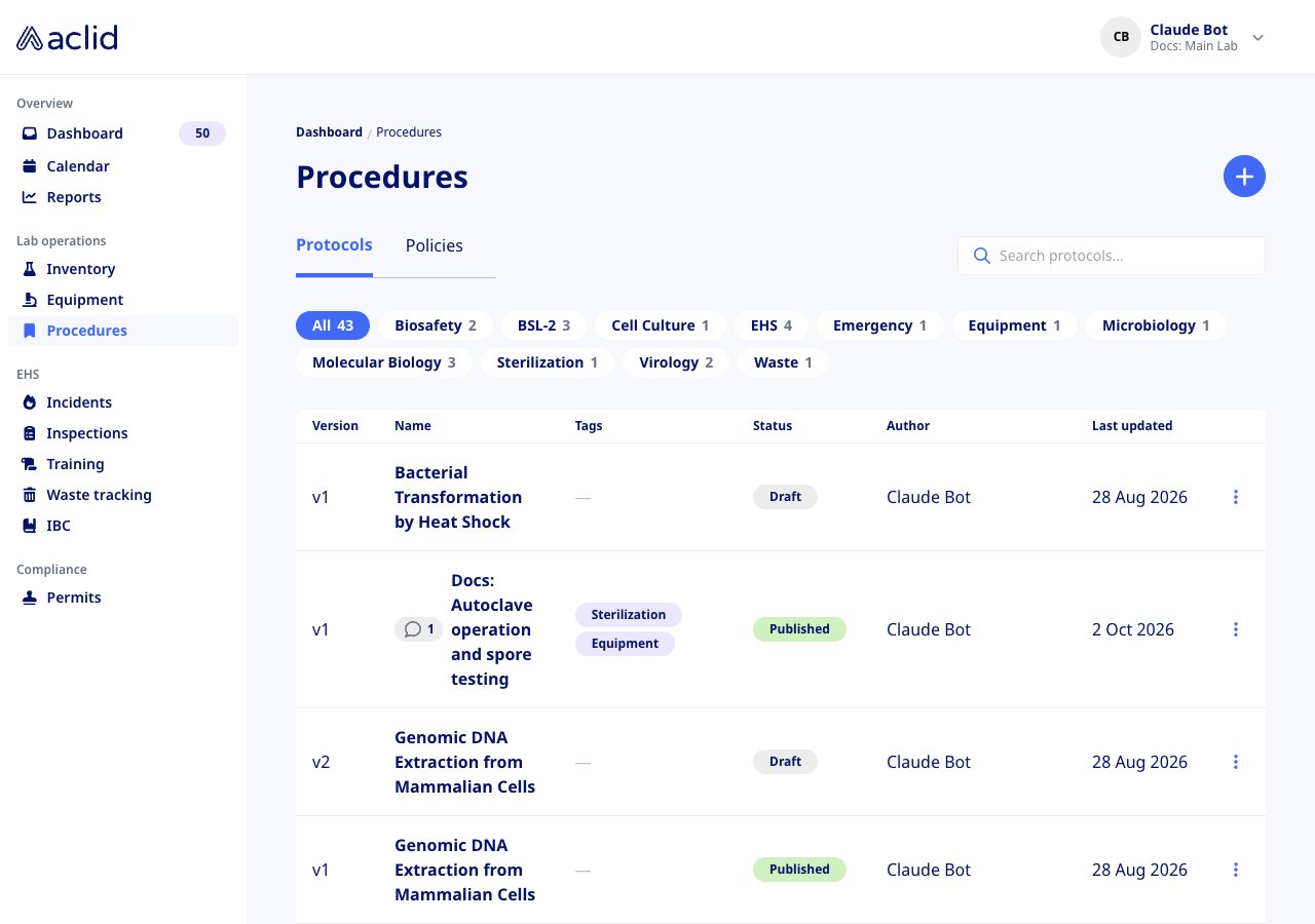 Procedures list on the Protocols tab