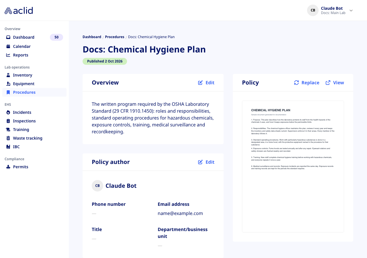 Policy page with Overview, Policy author and the PDF preview