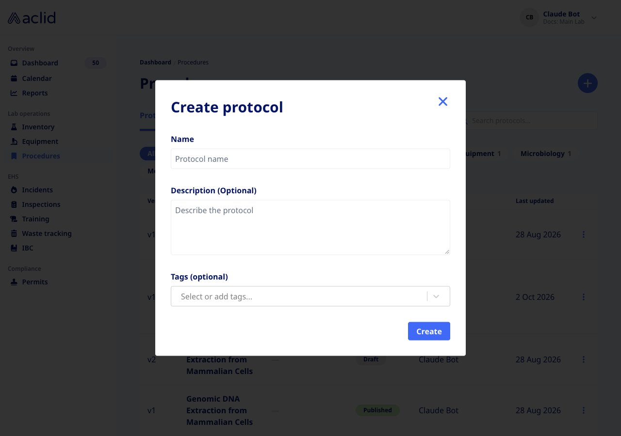 Create protocol modal with Name, Description and Tags