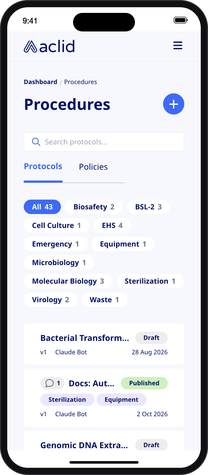 Procedures list on a narrow screen