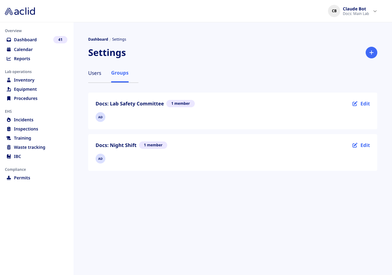Groups tab showing two group cards with member badges, avatars and Edit buttons