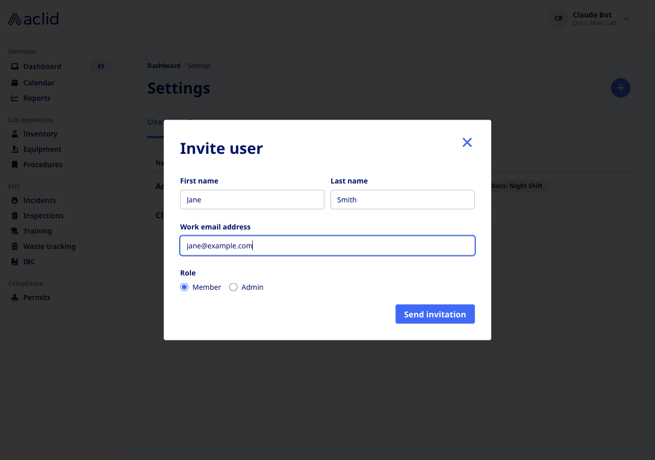 Invite user dialog with first name, last name, work email address and the Member or Admin role