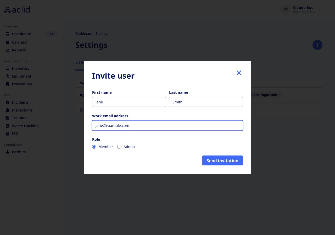 Invite user dialog with first name, last name, work email address and the Member or Admin role