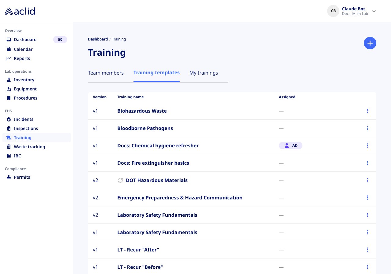 Training templates tab listing templates with version and assignee chips