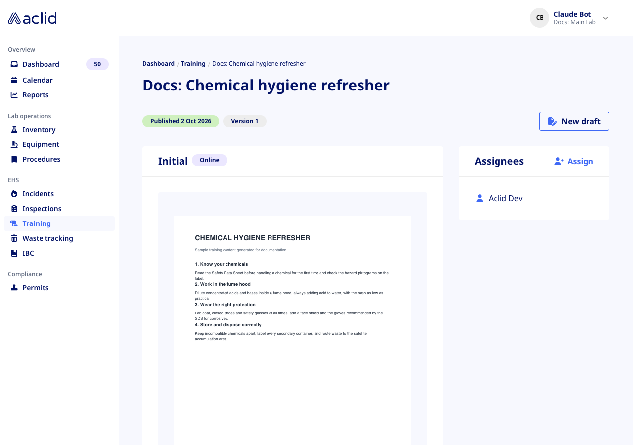 Published training template with Initial content, Published badge and Assignees box