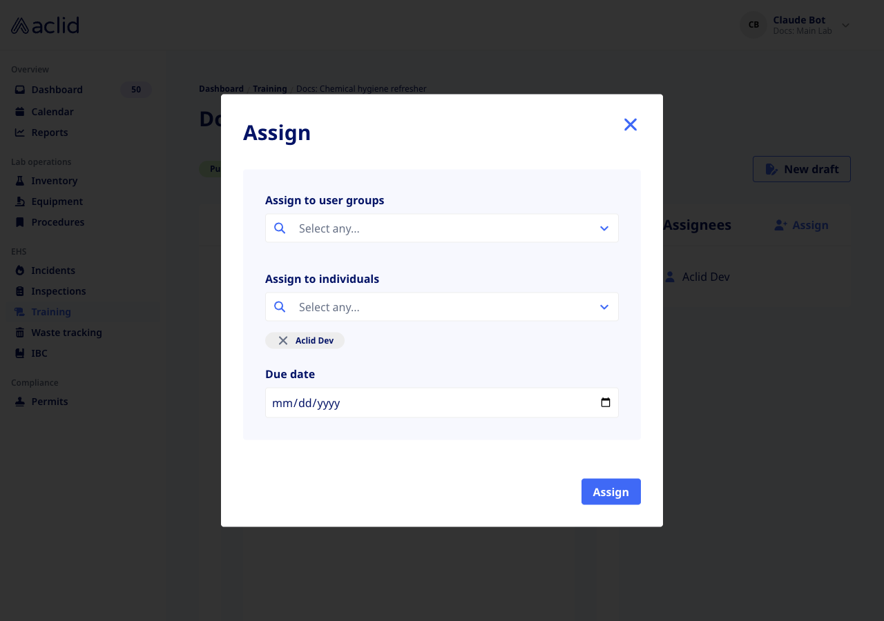 Assign modal with group and individual pickers and a due date