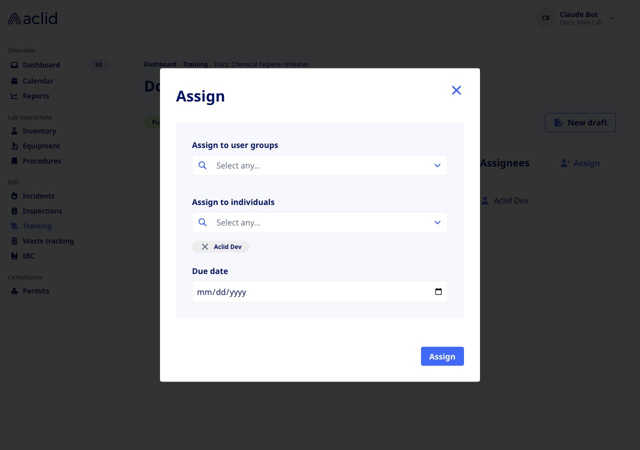 Assign modal with group and individual pickers and a due date