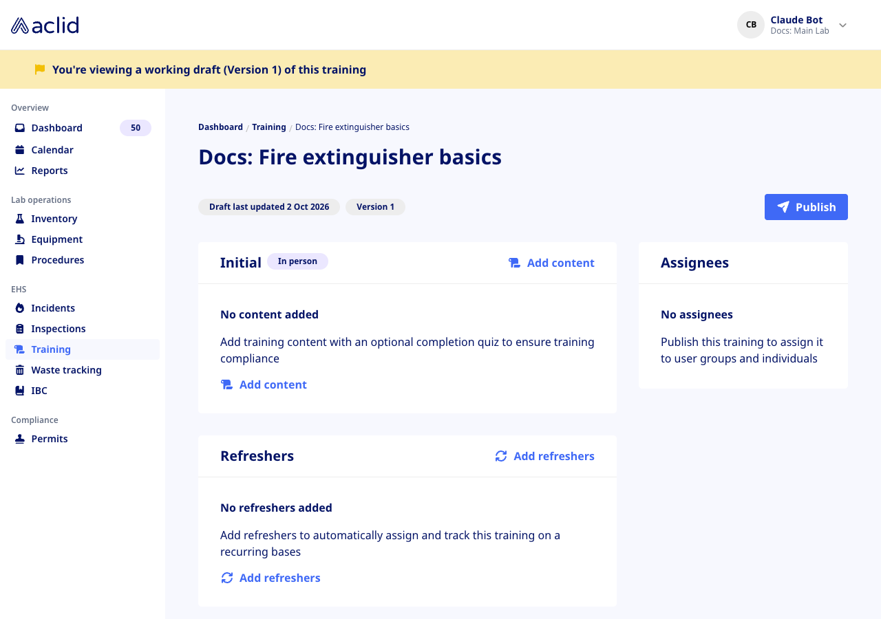 Draft training template with Add content, Add refreshers and Publish