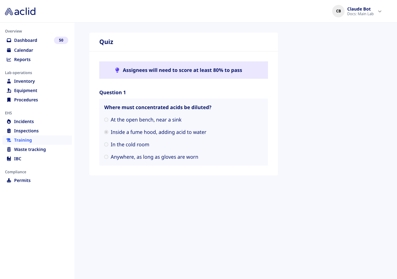 Quiz box with the pass mark note and one multiple-choice question