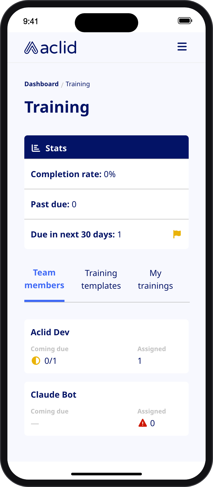 Training page on a narrow screen with Stats and team member cards