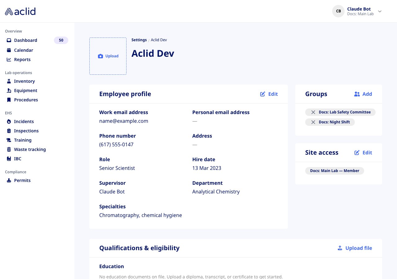 User profile with the Employee profile, Groups and Site access cards