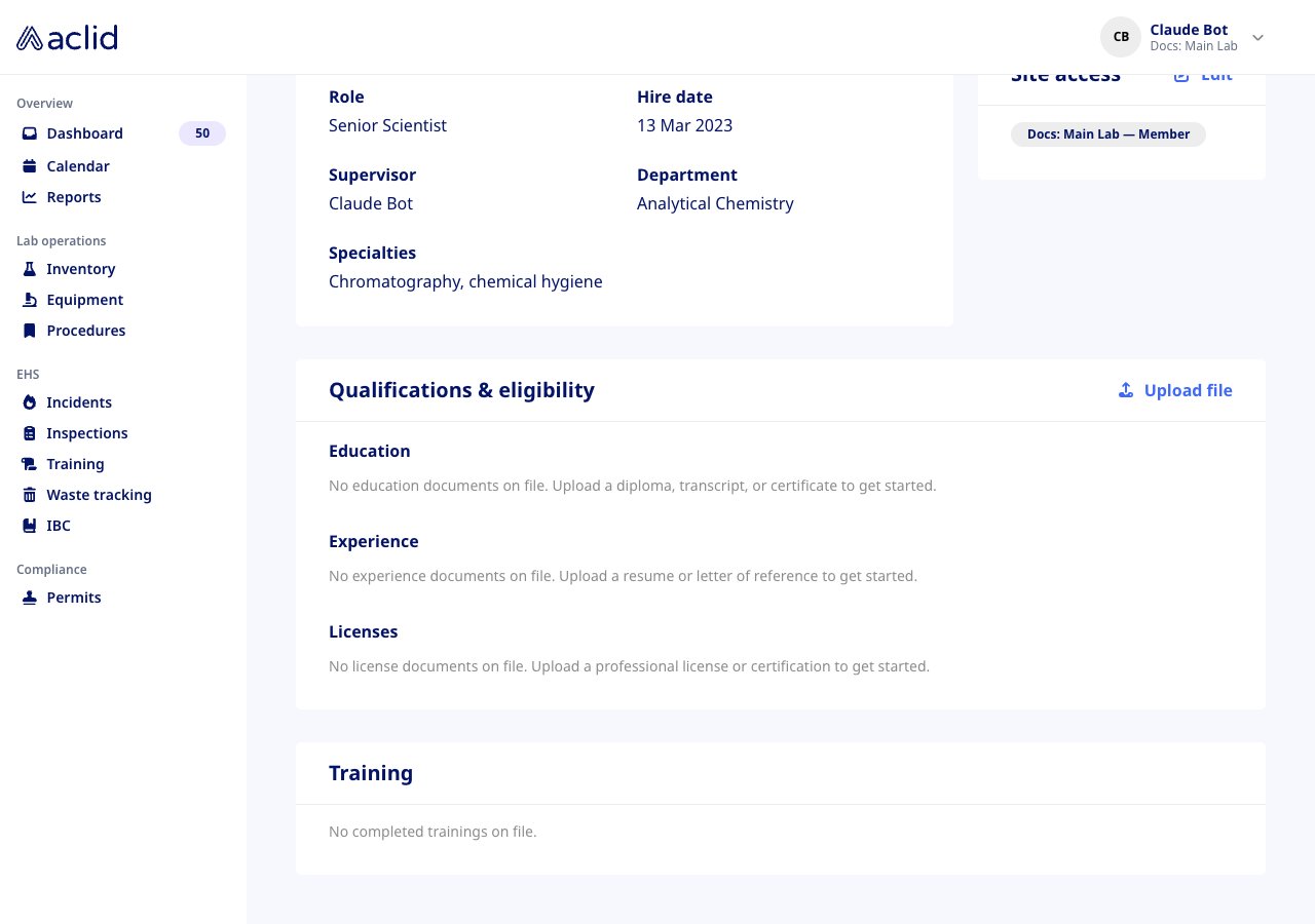 Qualifications & eligibility card with Education, Experience and Licenses, and the Training card