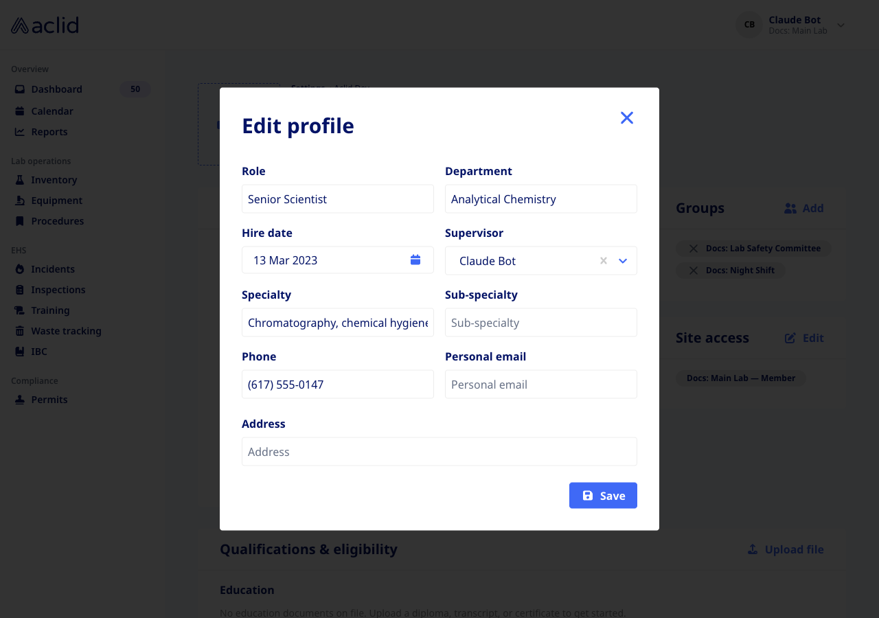 Edit profile dialog with role, department, hire date, supervisor, specialty, phone, email and address fields