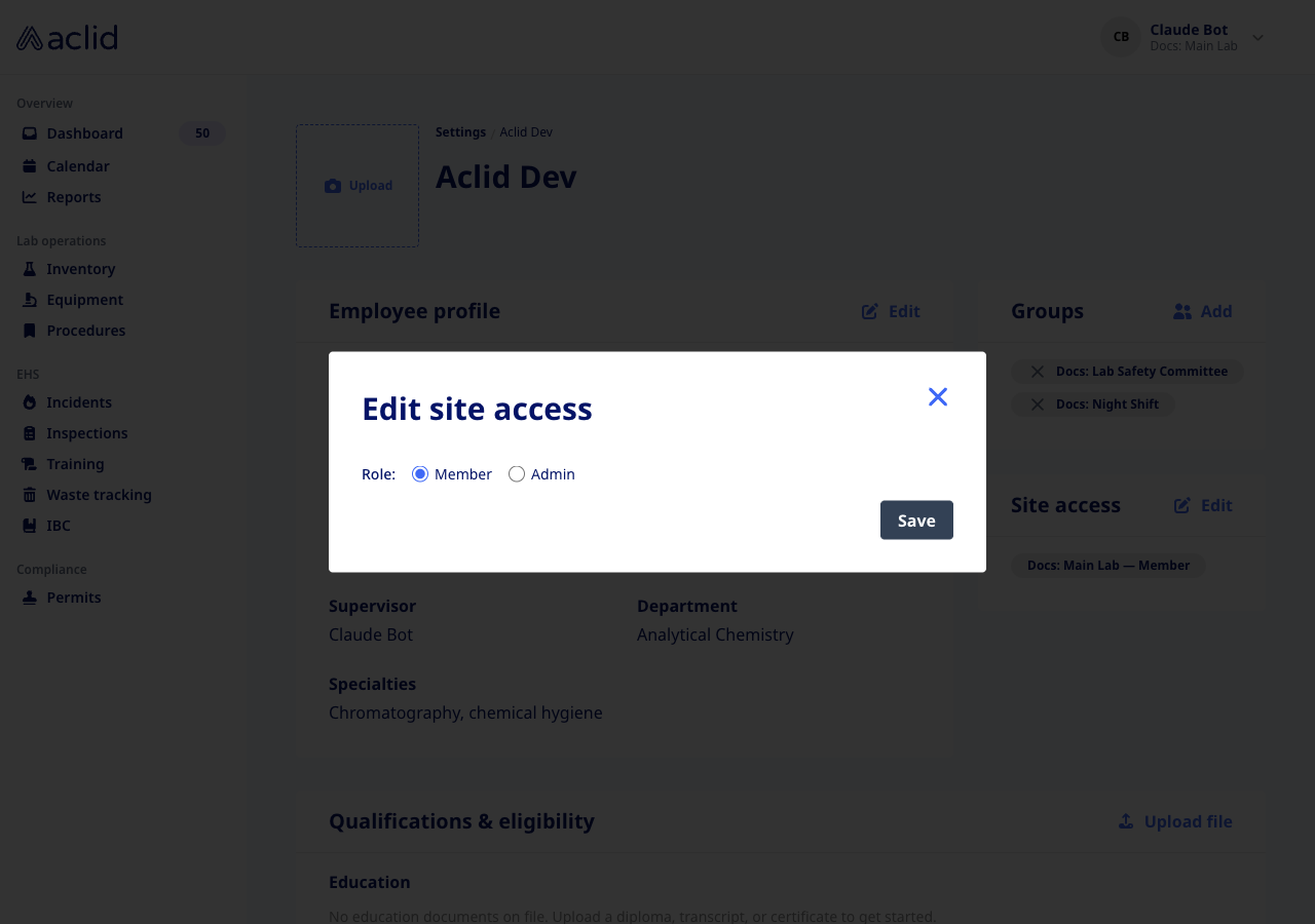 Edit site access dialog with Member and Admin role options