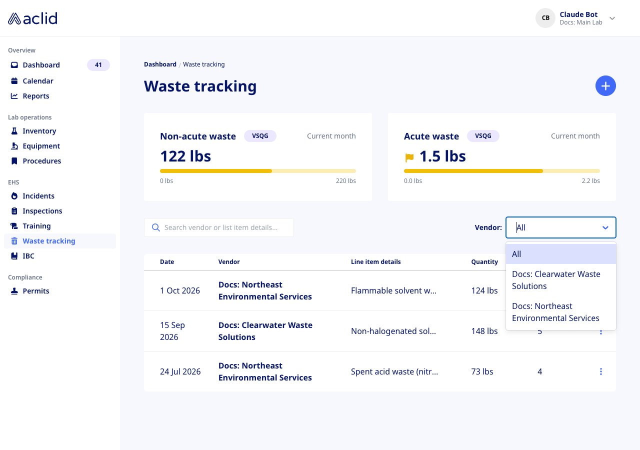 Waste tracking list with the Vendor drop-down open